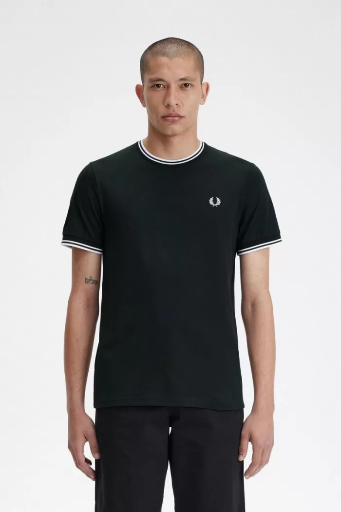 Fred Perry Twin Tipped Men’s T-Shirt Night Green Snow White | LWHGS8306