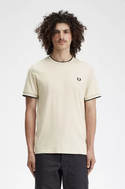 Fred Perry Twin Tipped Men’s T-Shirt Oatmeal Beige Black | GCDOB7621