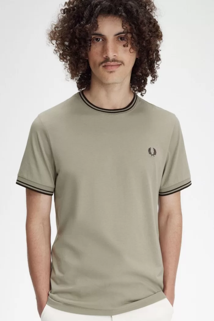 Fred Perry Twin Tipped Men’s T-Shirt Warm Grey Dark Red | ZHVNP4038