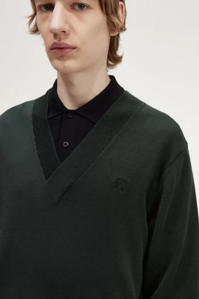 Fred Perry V-Neck Men’s Jumper Night Green | CMYXI4375