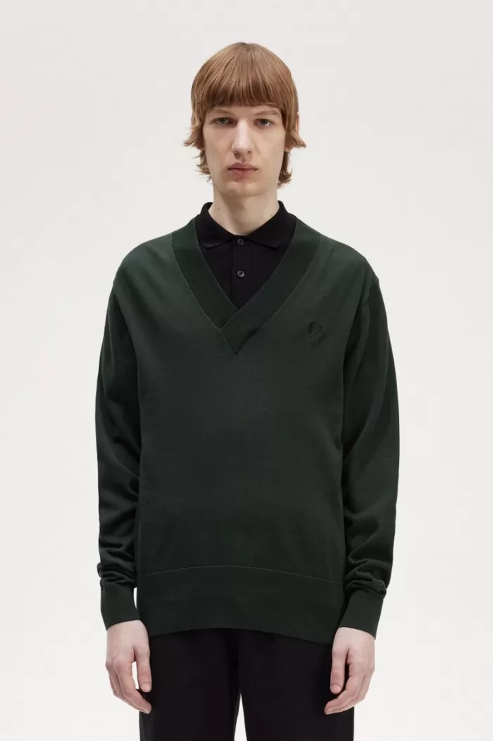 Fred Perry V-Neck Men’s Jumper Night Green | CMYXI4375