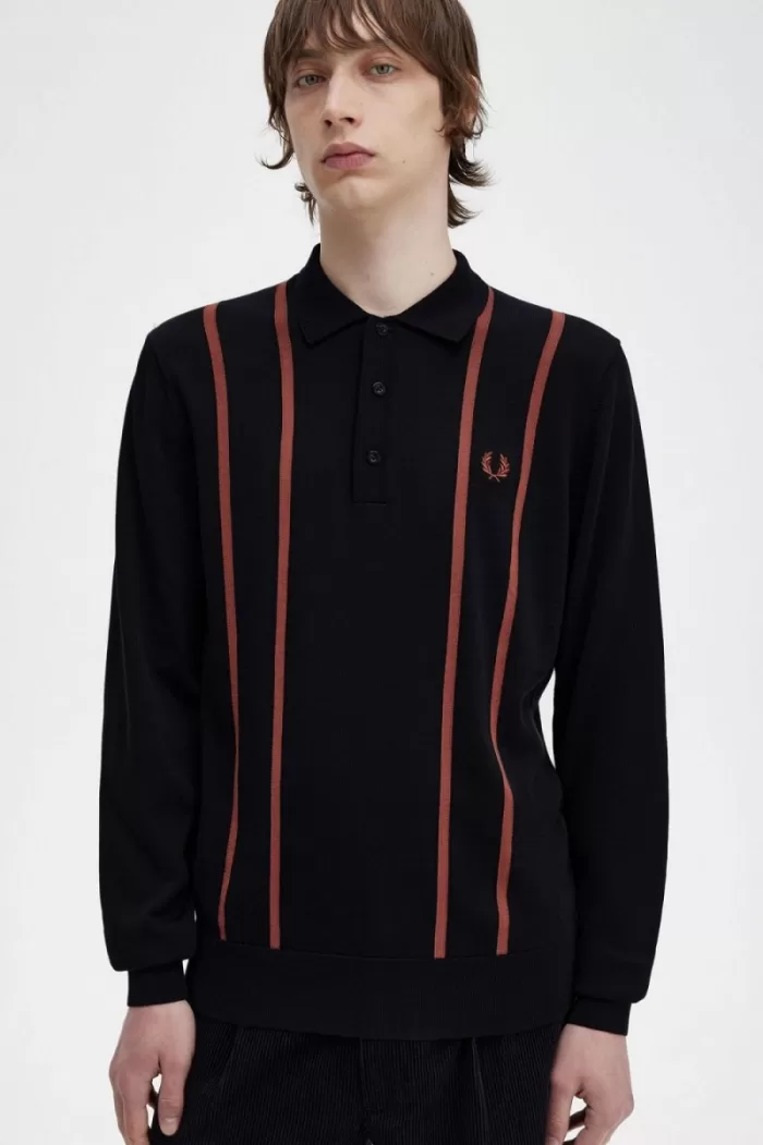 Fred Perry Vertical Stripe Knitted Men’s Shirt Black | GJTCI4875