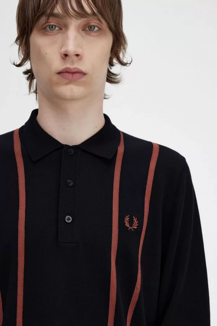 Fred Perry Vertical Stripe Knitted Men’s Shirt Black | GJTCI4875