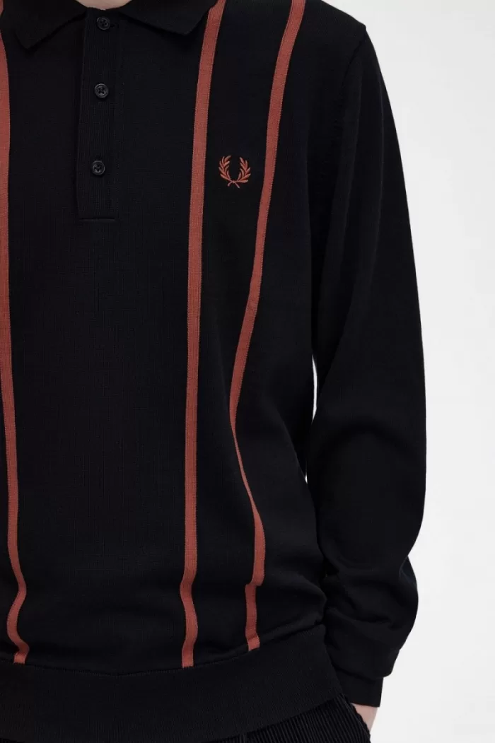 Fred Perry Vertical Stripe Knitted Men’s Shirt Black | GJTCI4875