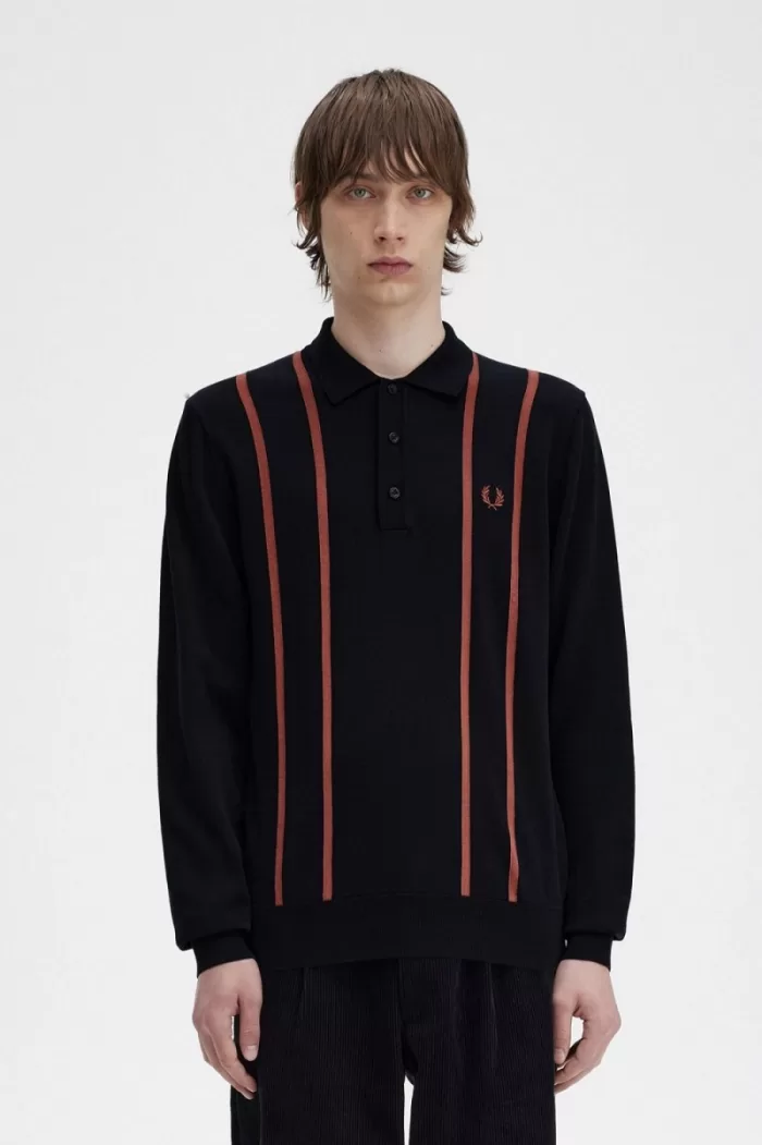 Fred Perry Vertical Stripe Knitted Men’s Shirt Black | GJTCI4875