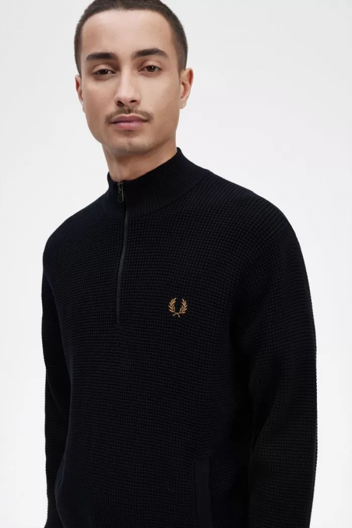 Fred Perry Waffle Stitch Half Zip Men’s Jumper Navy | CSQGU3281