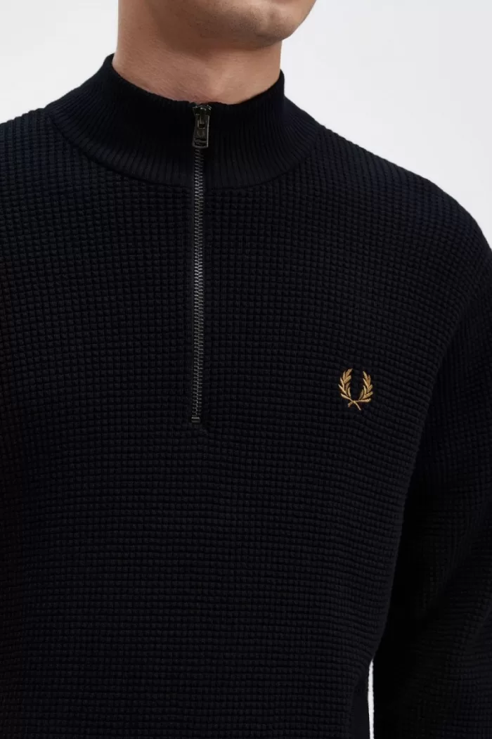 Fred Perry Waffle Stitch Half Zip Men’s Jumper Navy | CSQGU3281