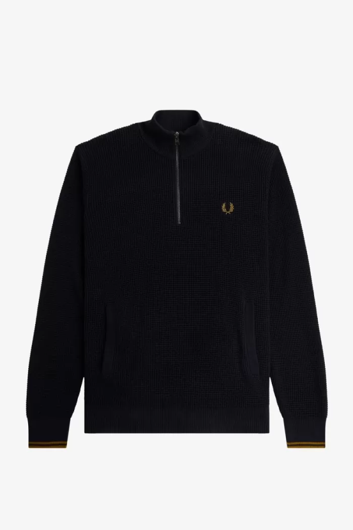 Fred Perry Waffle Stitch Half Zip Men’s Jumper Navy | CSQGU3281