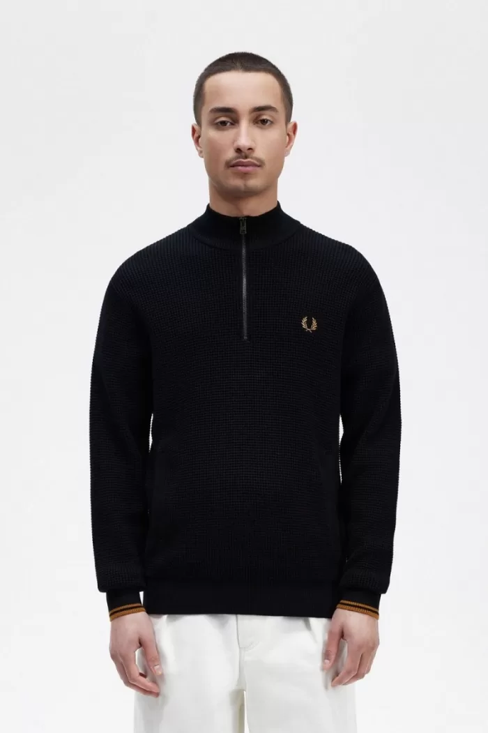 Fred Perry Waffle Stitch Half Zip Men’s Jumper Navy | CSQGU3281