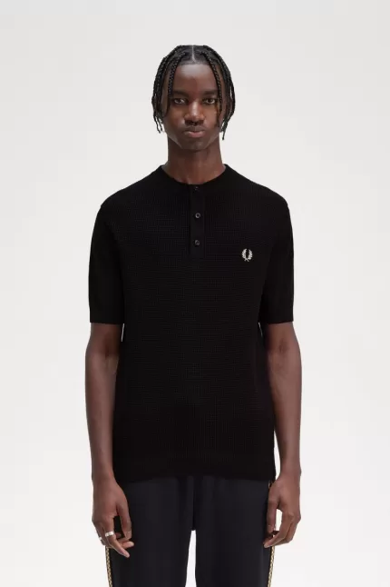 Fred Perry Waffle Stitch Henley Men’s Shirt Black | VCAMJ2359