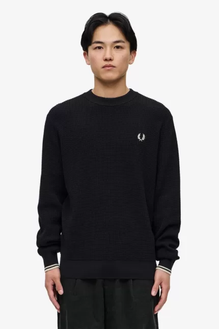 Fred Perry Waffle Stitch Men’s Jumper Black | WQVAU5167