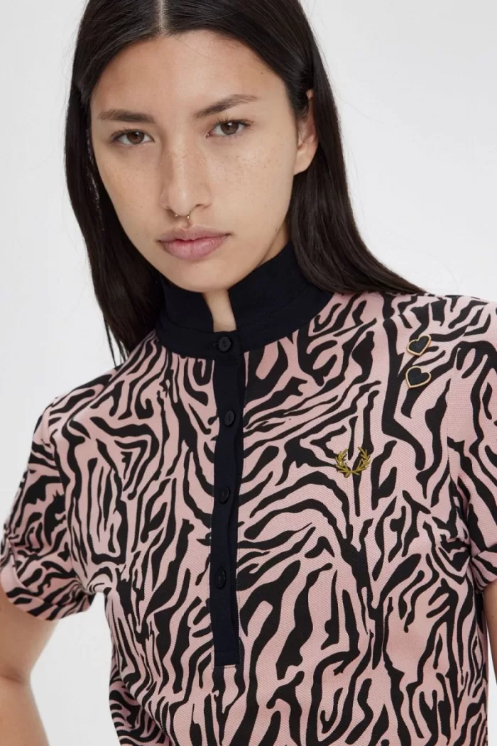 Fred Perry Zebra Print Women’s Polo Shirt Dusty Rose Pink | DOUXJ4975