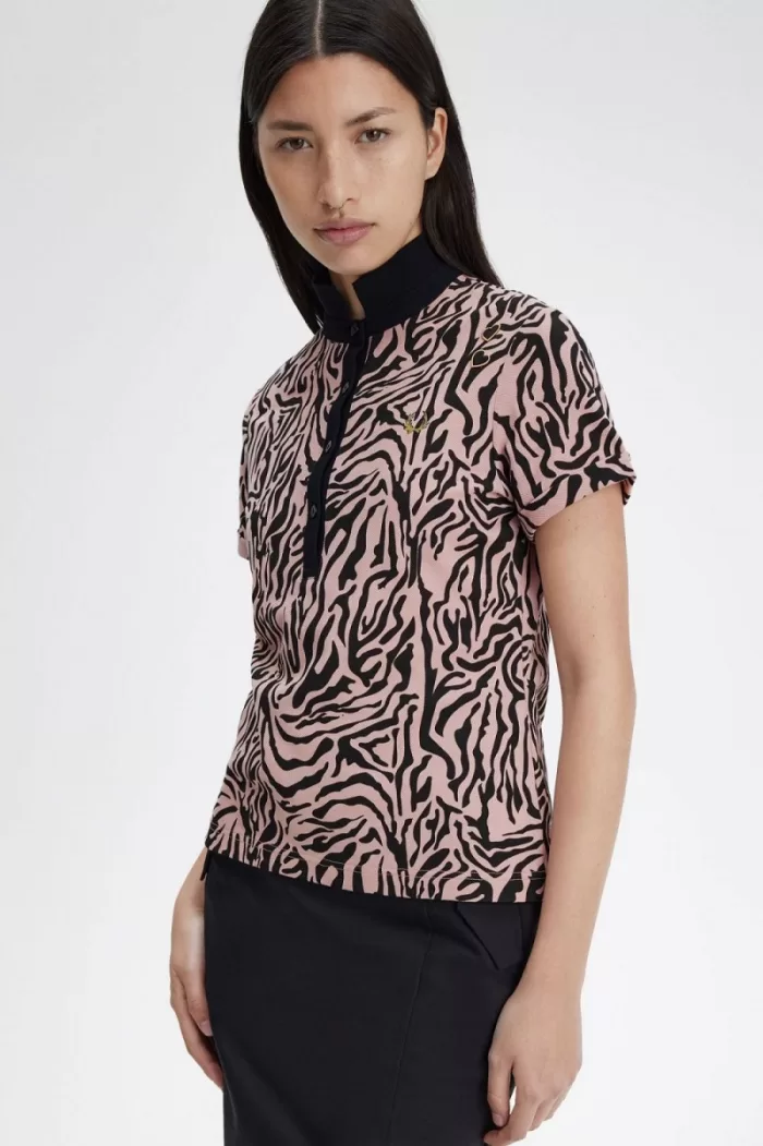 Fred Perry Zebra Print Women’s Polo Shirt Dusty Rose Pink | DOUXJ4975