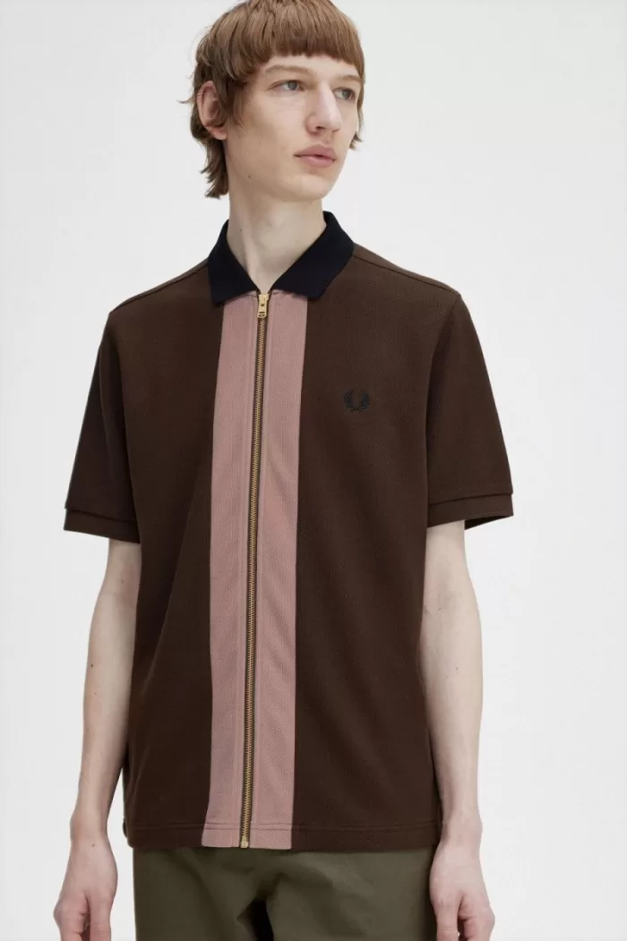 Fred Perry Zip Through Men’s Polo Shirt Burnt Tobacco | ZBOTJ6051