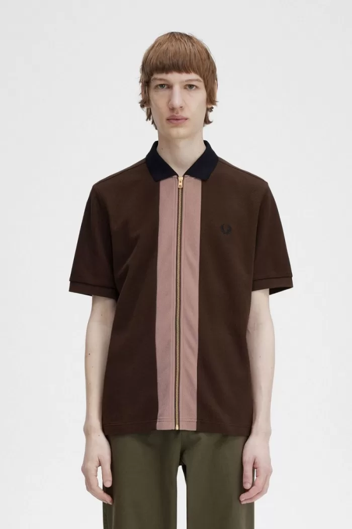 Fred Perry Zip Through Men’s Polo Shirt Burnt Tobacco | ZBOTJ6051